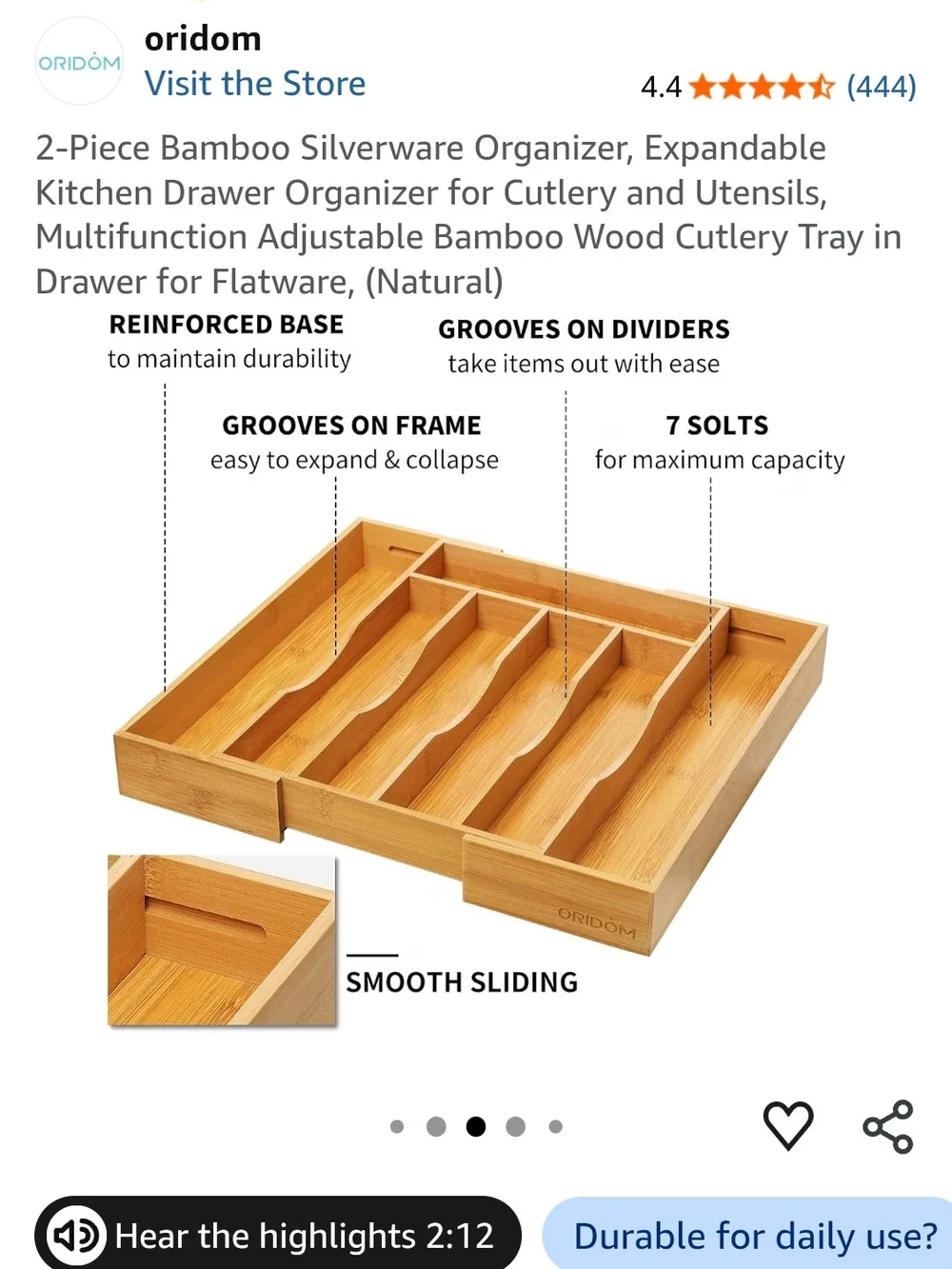 Bamboo Cutlery Drawer Organizer Tray - Natural
